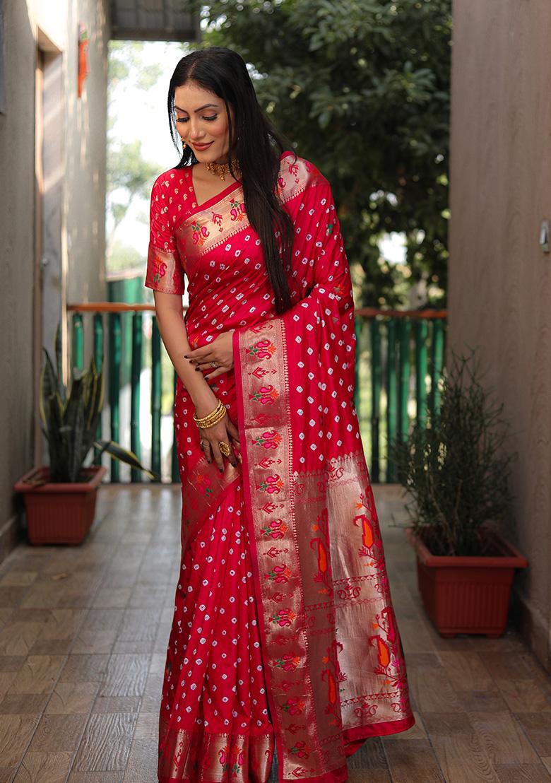 Cherry Red Zari Silk Saree Set