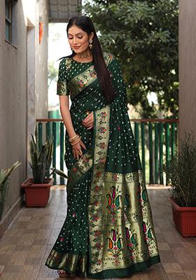 Dark Green Zari Silk Saree Set