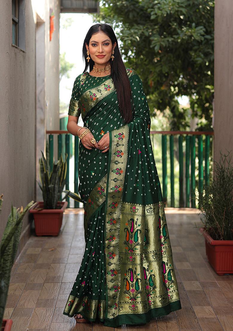 Dark Green Zari Silk Saree Set