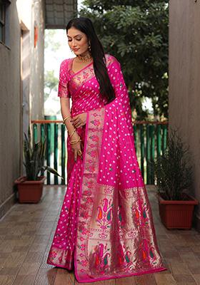 Rani Pink Zari Silk Saree Set