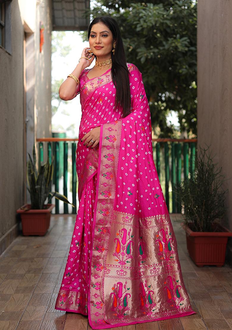 Rani Pink Zari Silk Saree Set