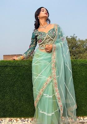 Pista Green Sequin Work Net Saree Set