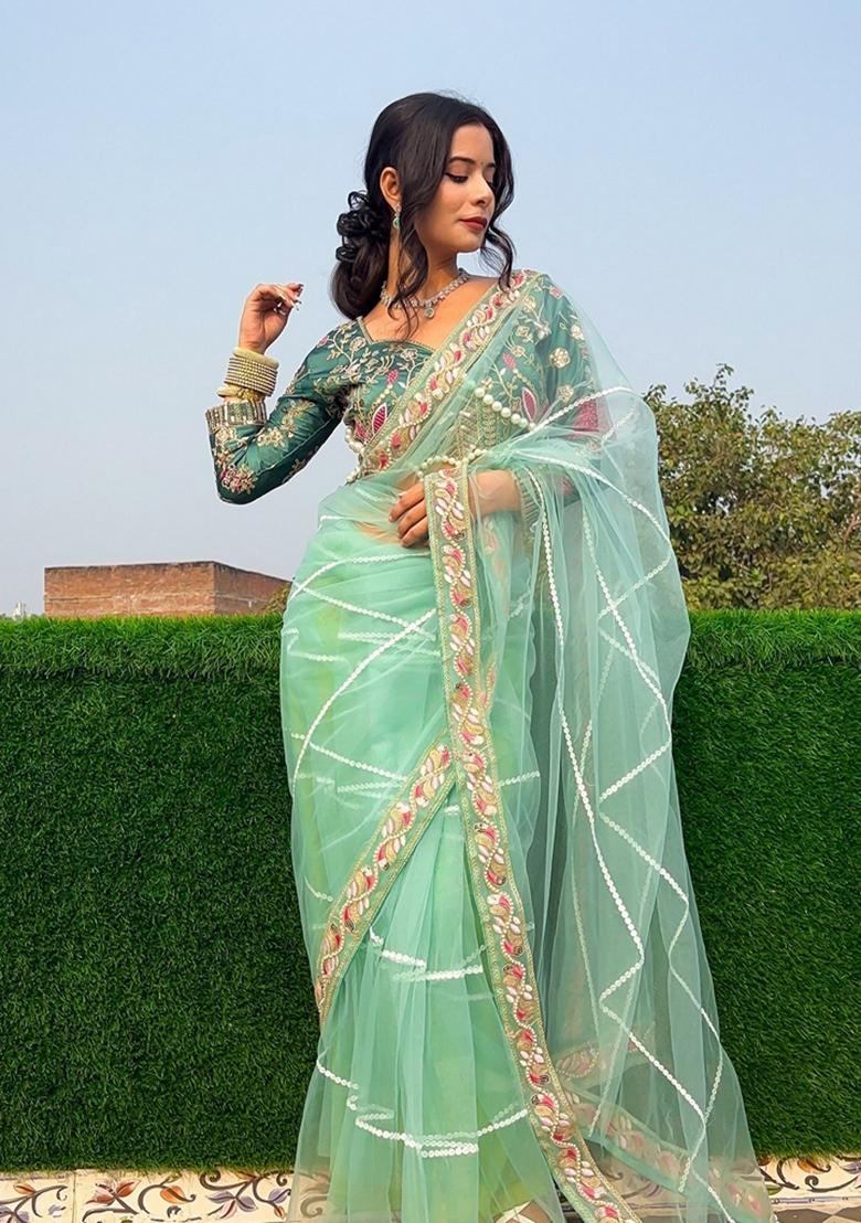 Pista Green Sequin Work Net Saree Set