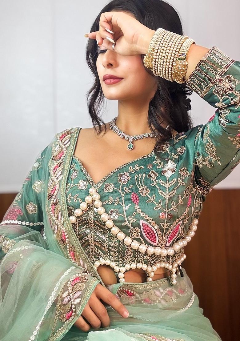 Pista Green Sequin Work Net Saree Set