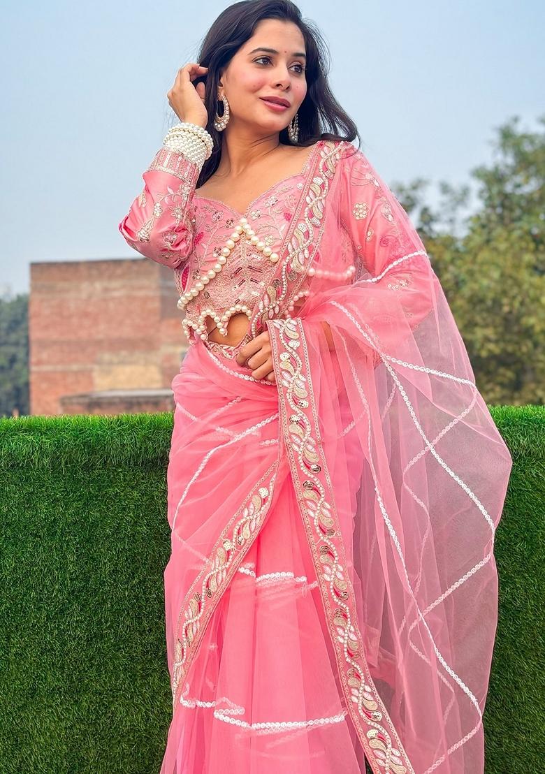 Pink Sequin Work Net Saree Set