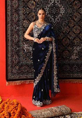 Lavender Embroidered Velvet Saree Set