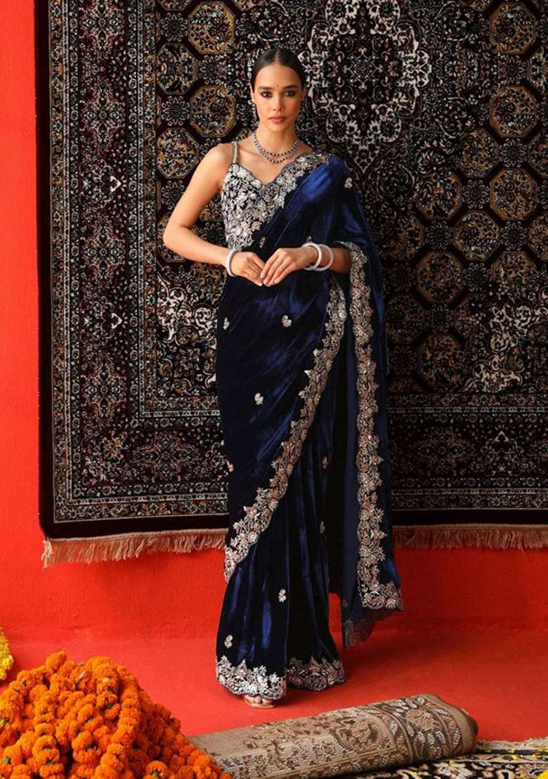 Lavender Velvet Saree Set with Embroidered for Diwali | Wedding & Festive Wear - Indya