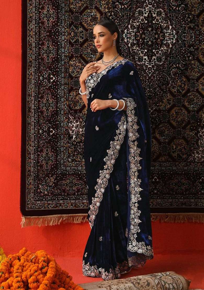 Lavender Velvet Saree Set with Embroidered for Diwali | Wedding & Festive Wear - Indya