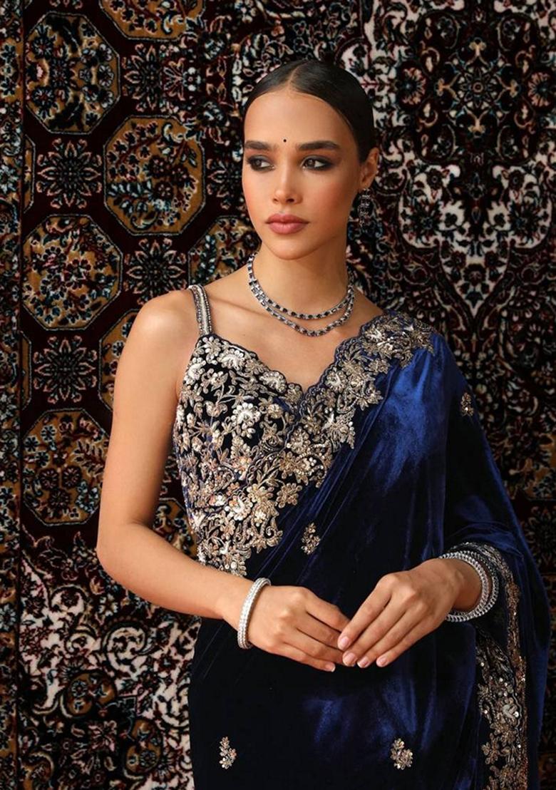 Lavender Embroidered Velvet Saree Set