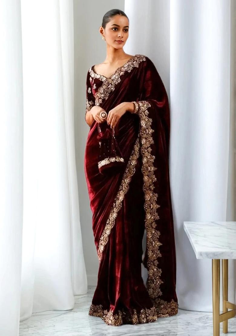 Maroon Embroidered Velvet Saree Set
