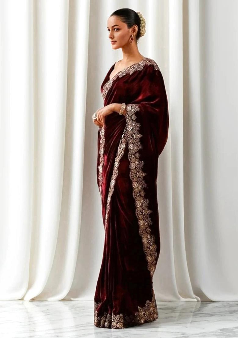 Maroon Embroidered Velvet Saree Set