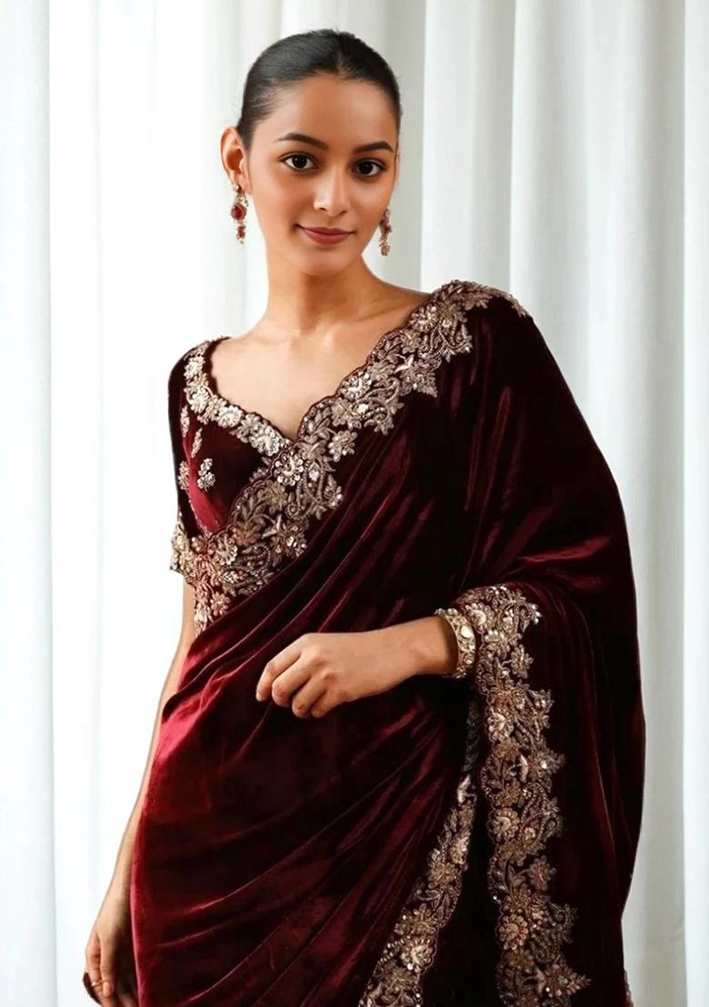 Maroon Embroidered Velvet Saree Set