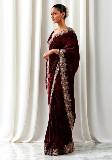 Maroon Embroidered Velvet Saree Set
