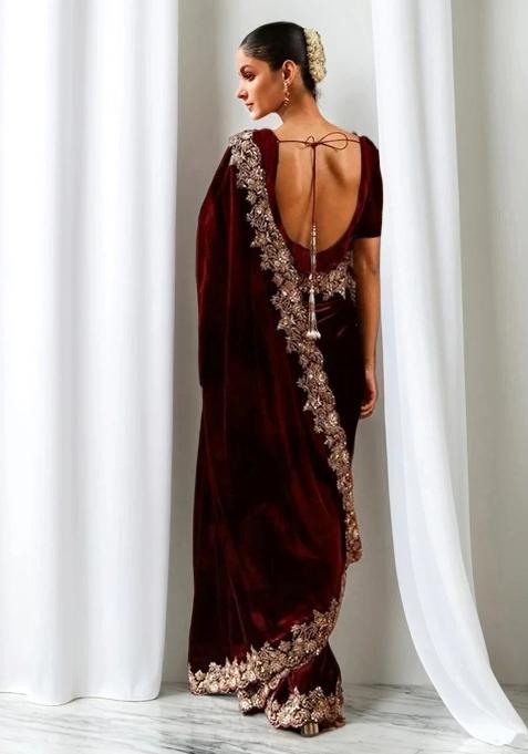 Maroon Embroidered Velvet Saree Set