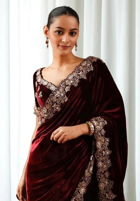 Maroon Embroidered Velvet Saree Set