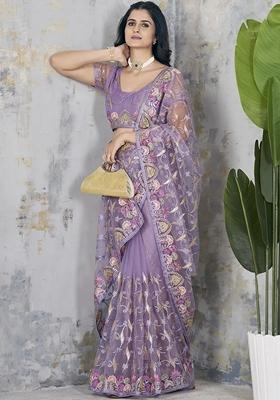Lavender Embroidered Georgette Saree Set