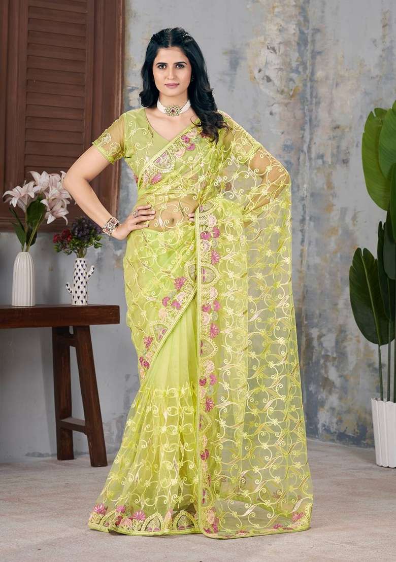 Olive Green Embroidered Georgette Saree Set - Indya