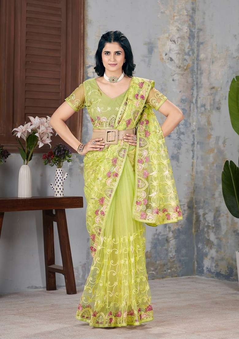 Olive Green Embroidered Georgette Saree Set - Indya