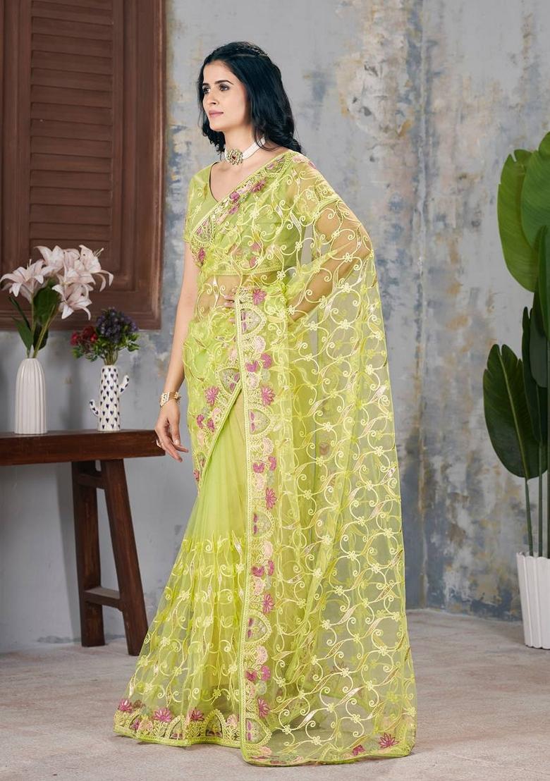 Olive Green Embroidered Georgette Saree Set