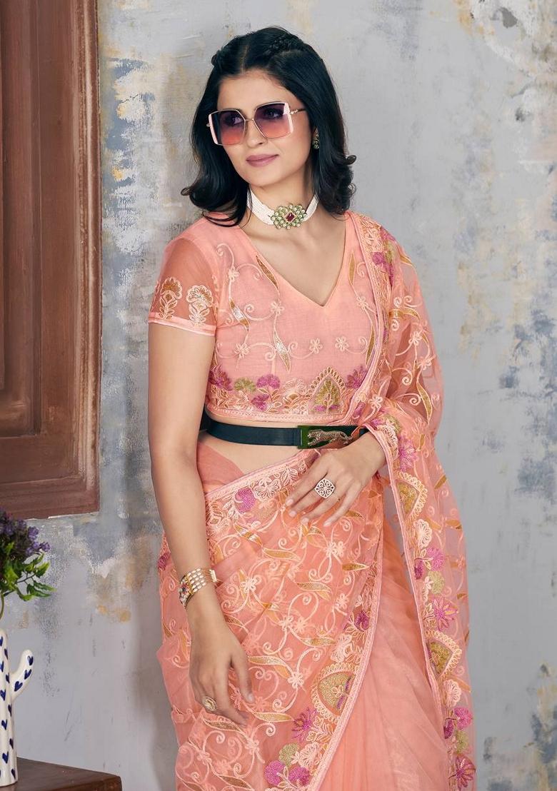 Peach Embroidered Georgette Saree Set