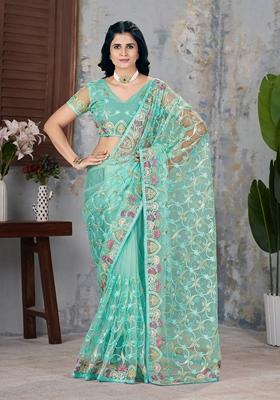 Turquoise Embroidered Georgette Saree Set
