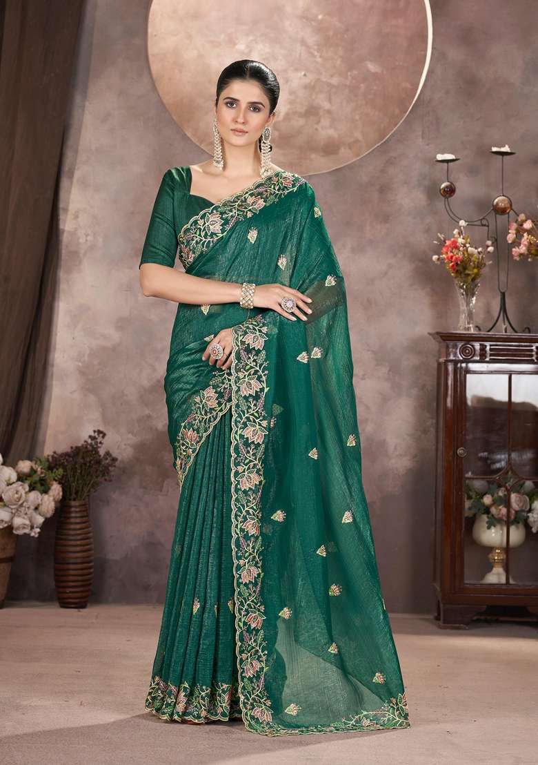 Green Embroidered Poly Blend Saree Set - Indya