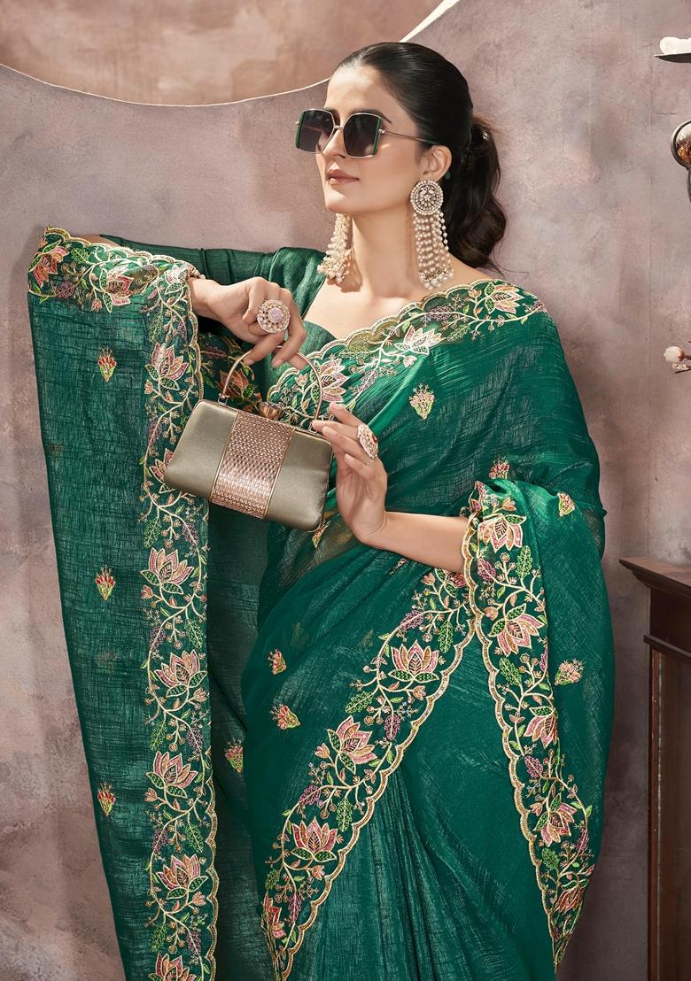 Green Embroidered Poly Blend Saree Set