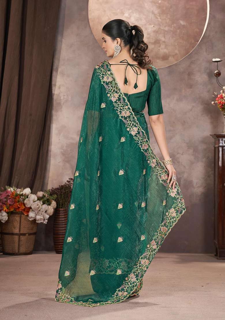 Green Embroidered Poly Blend Saree Set - Indya