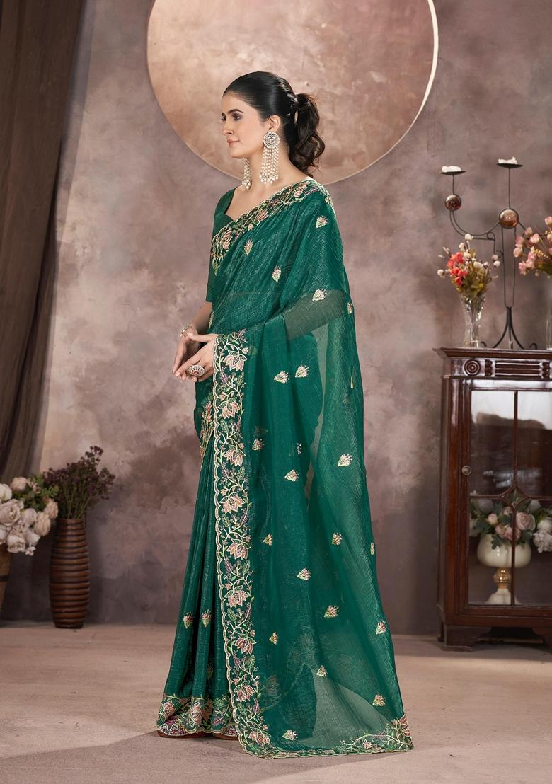 Green Embroidered Poly Blend Saree Set