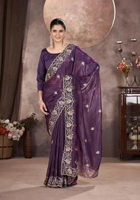 Purple Embroidered Poly Blend Saree Set