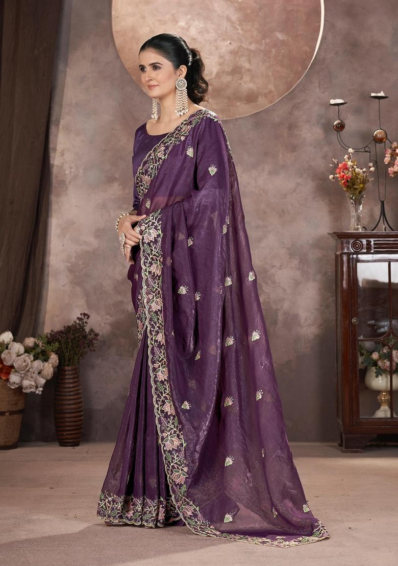 Purple Embroidered Poly Blend Saree Set