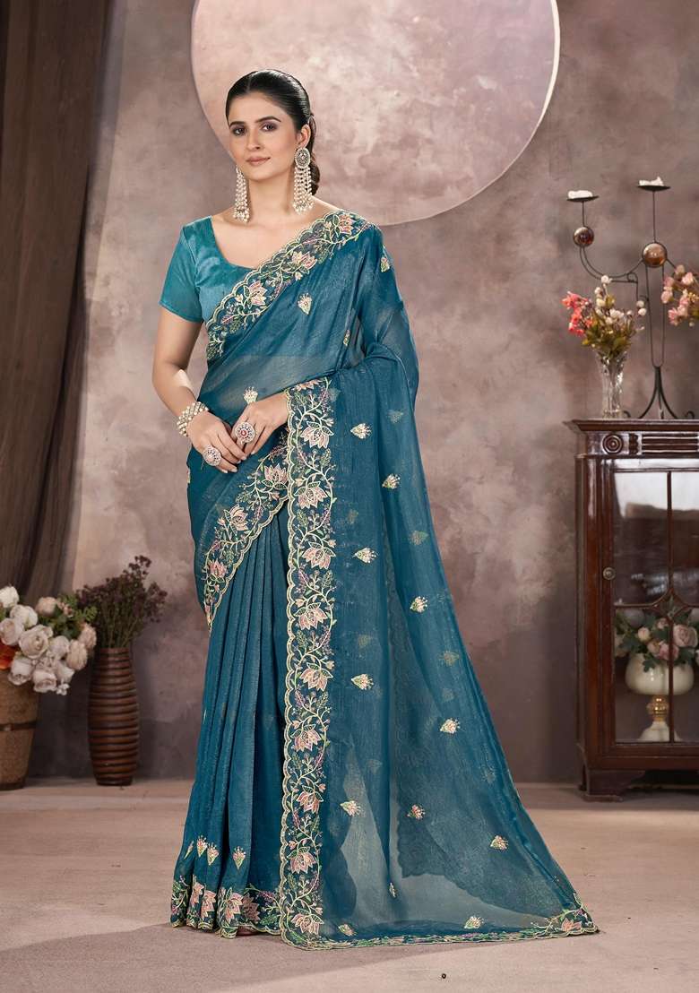 Teal Embroidered Poly Blend Saree Set - Indya