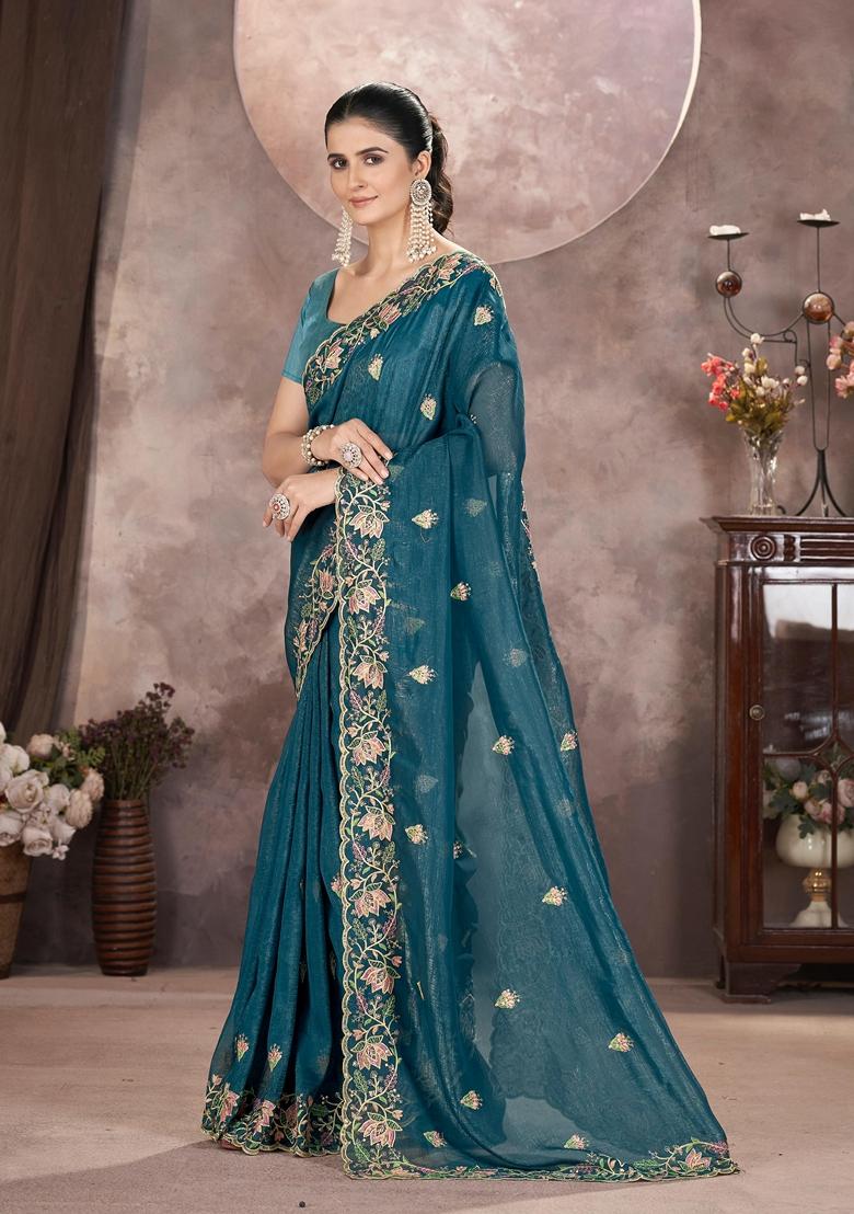 Teal Embroidered Poly Blend Saree Set