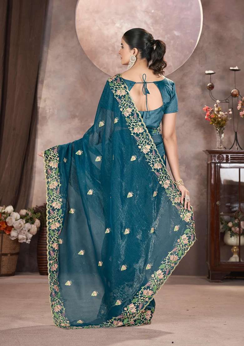 Teal Embroidered Poly Blend Saree Set - Indya