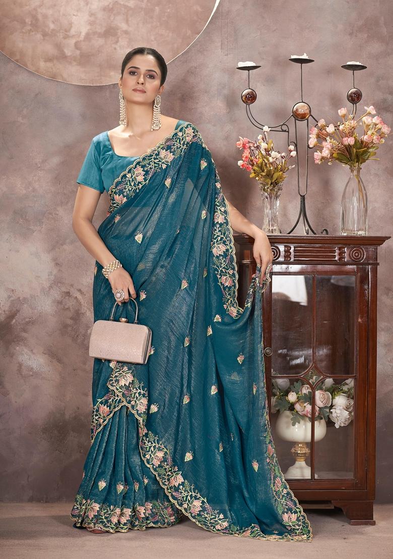 Teal Embroidered Poly Blend Saree Set