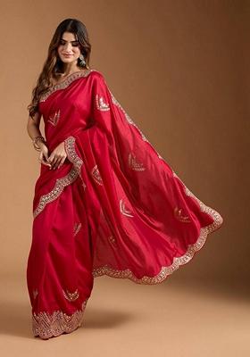 Red Embroidered Vichitra Saree Set