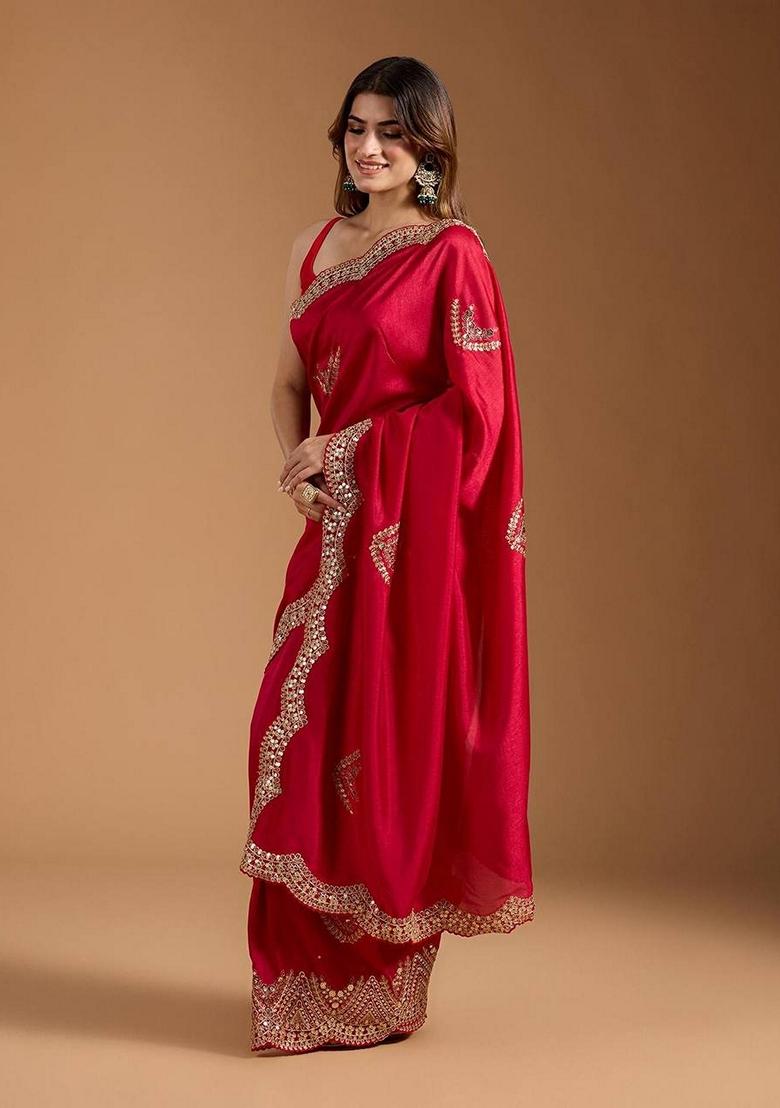 Red Embroidered Vichitra Saree Set