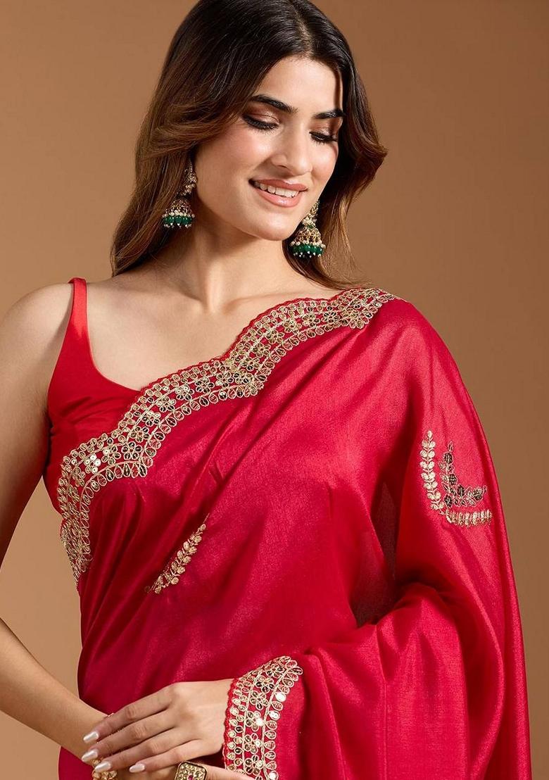 Red Embroidered Vichitra Saree Set