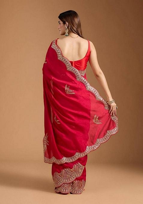 Red Embroidered Vichitra Saree Set
