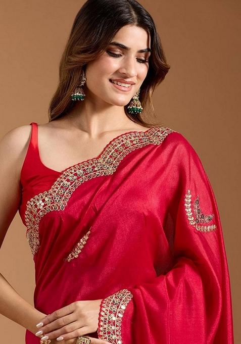 Red Embroidered Vichitra Saree Set
