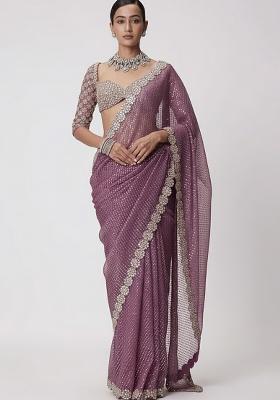 Mauve Embroidered Poly Blend Saree Set