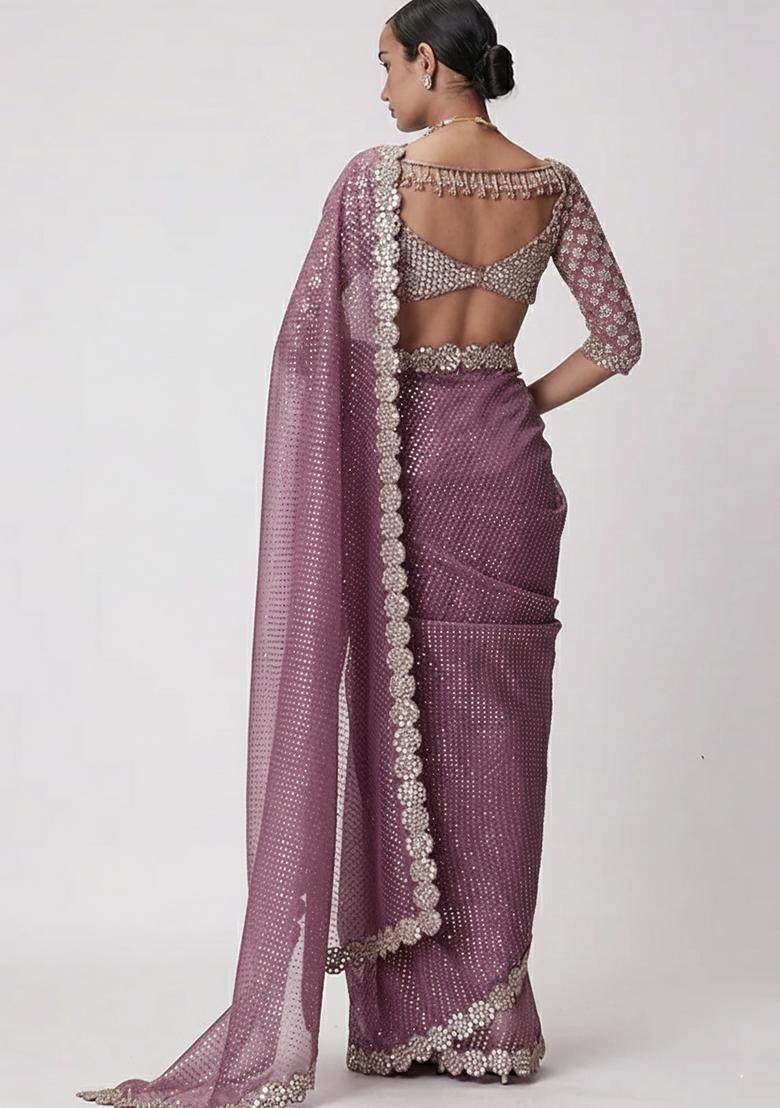 Mauve Embroidered Poly Blend Saree Set