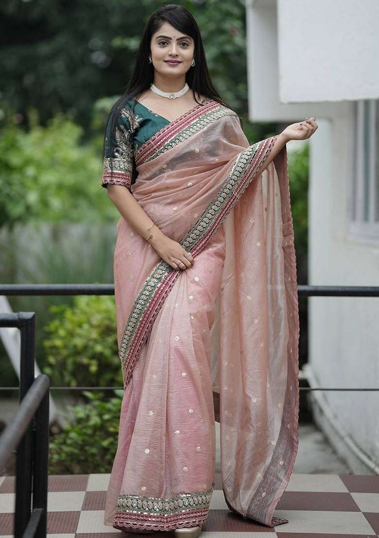 Peach Embroidered Poly Blend Saree Set for Diwali and Festive Wear - Indya