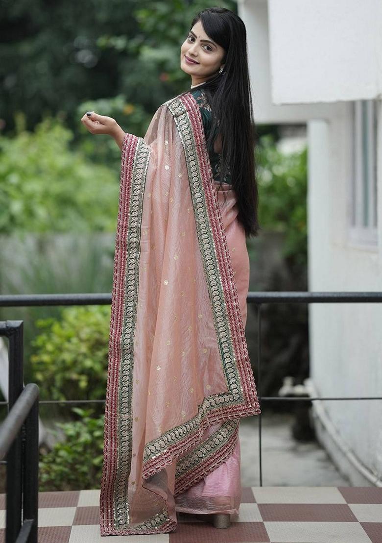 Peach Embroidered Poly Blend Saree Set