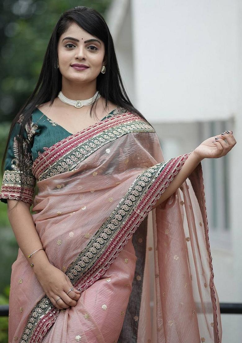 Peach Embroidered Poly Blend Saree Set