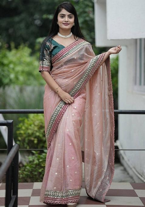 Peach Embroidered Poly Blend Saree Set