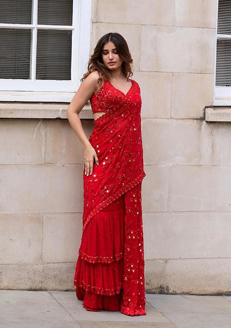 Red Embroidered Poly Blend Saree Set