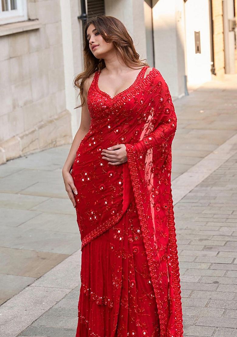 Red Embroidered Poly Blend Saree Set
