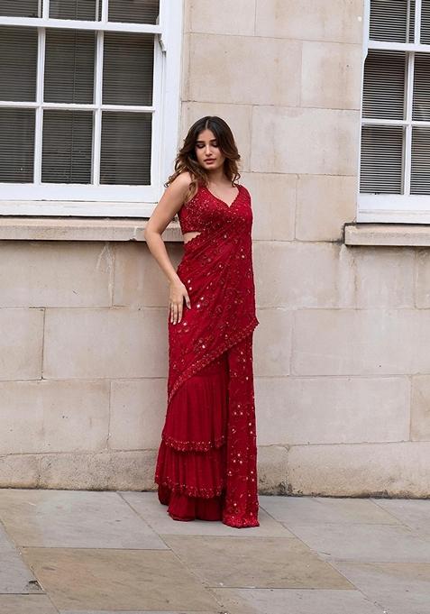 Red Embroidered Poly Blend Saree Set