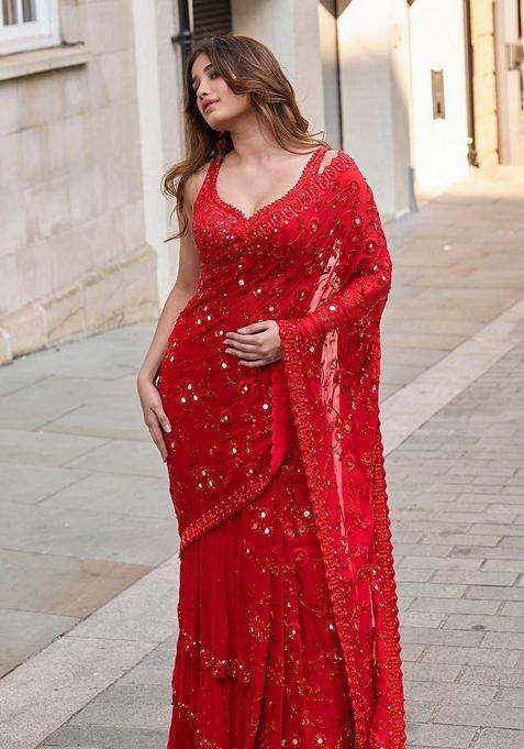 Red Embroidered Poly Blend Saree Set